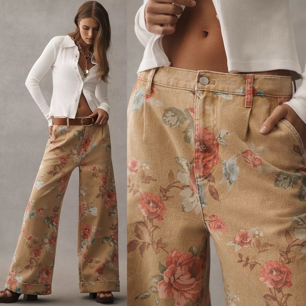 Anthropologie Floral Wide-Leg Jeans in Tan with Pink & Blue Roses - Picture 7 of 7